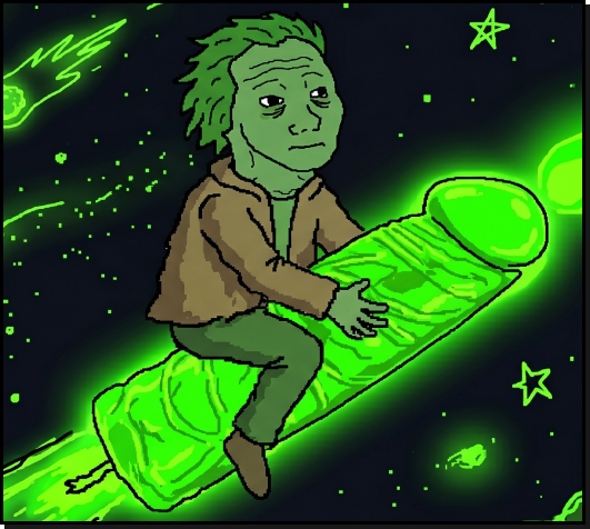 Character riding a glowing green rocket through space
